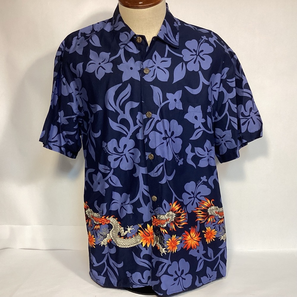 Vintage Hilo Hattie Hawaiian Button Up Shirt Floral with Dragons mens size XL